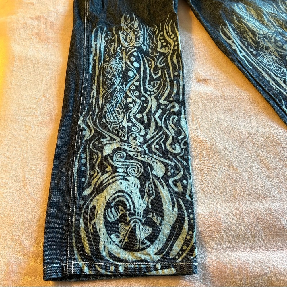 Crest Jeans vintage Y2K overalls with tribal design on legs size L rare - Picture 3 of 11